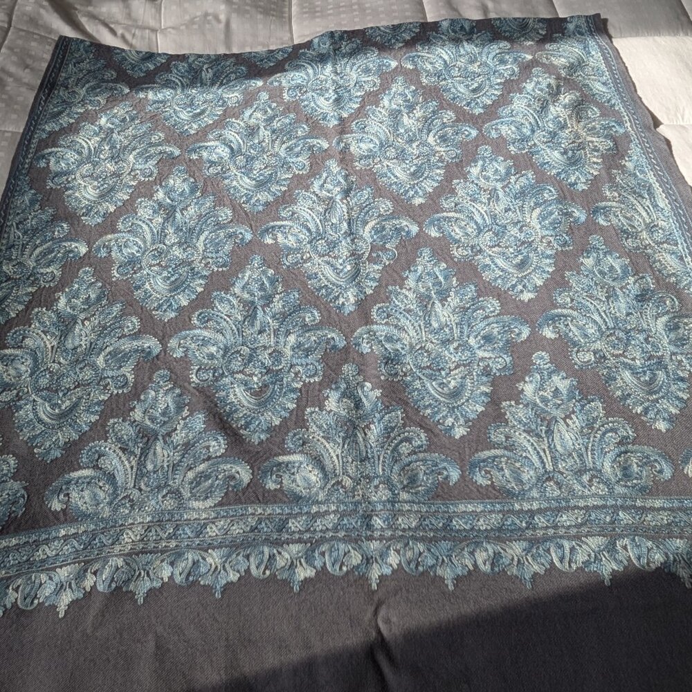 Wool Cashmere like Grey/Blue Crewel Embroidered Floral scarf/Shawl